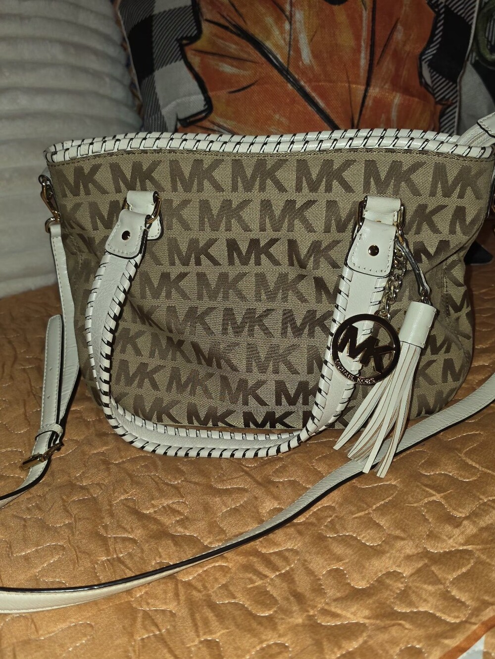 Michael Kors Tan & White MK Logo Shoulder Bag with Tassel Charm